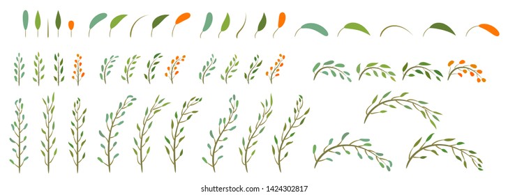 Flat style set of decorative isolated branches and leafs.