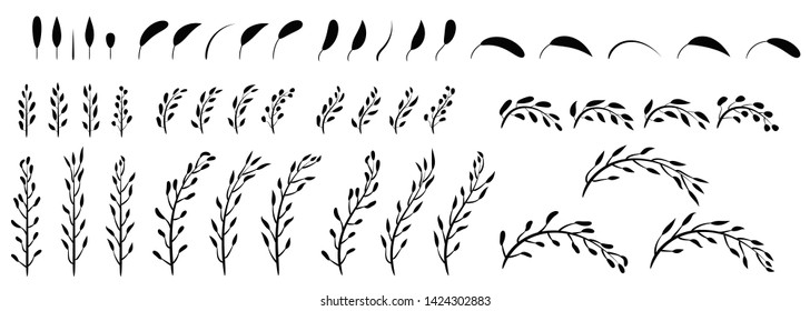 Flat style set of decorative isolated branches and leafs, solid black,