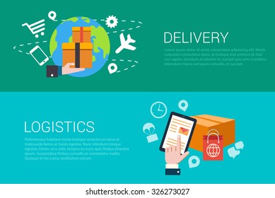 Flat style set of delivery logistics web infographics banners. Stylish internet store fast goods deliver and tablet hand touch parcel. Website info graphic collection.