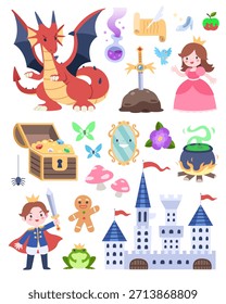 Conjunto de estilo plano de ilustração de vetor de elemento de conto de fadas