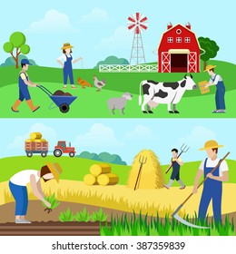 Flat style set farm profession worker people web banner hero image vector. Farmer stockbreeder grazier chicken breeder agriculturist harvester scythe mow hay mower tractor. Creative people collection.