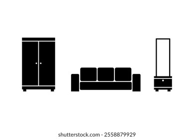 flat style set of furniture icons, cupboard, sofa and dressing table silhouettes simple design template, vector illustration