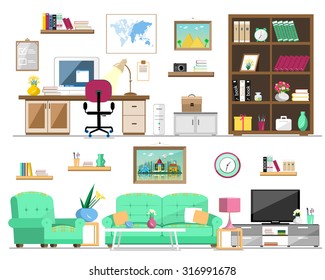 Flat style set of home furniture: bookcase, sofa, armchair, pictures, tv, lamp, computer, table, flowers, clock, shelves. Interior design isolated vector illustration.