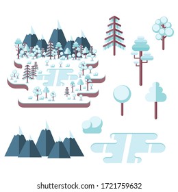 Flat style set of the landscape elements. Trees, mountains and lake. Template of the landscape could be created. Vector illustration.