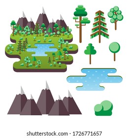 Flat style set of the landscape elements. Trees, mountains and lake. Template of the landscape could be created. Vector illustration.
