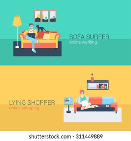 Flat style set people sofa leisure relax online activity. Sitting man laptop internet web site surfing. Lying young woman living room laptop shopping internet order. Creative people collection.