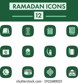 Flat Style Set of Ramadan Icon In Green Color.