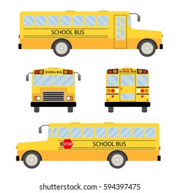 Flat style set of school bus. Set of school bus with front and side view. Isolated vector illustration.
