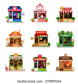 Flat style set tiny micro icon shop store showcase front window entrance door web app game vector. Clothing fashion candy burger bakery grocery market flower pizzeria pizza accessories coffee cafe.