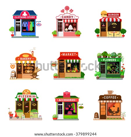 Flat style set tiny micro icon shop store showcase front window entrance door web app game vector. Clothing fashion candy burger bakery grocery market flower pizzeria pizza accessories coffee cafe.