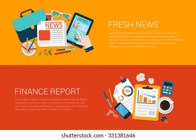 Flat style set of web infographics banners icon collage fresh news online finance report. Tablet with stats data and smartphone newspapers. Website info graphic collection.