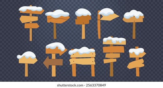 Flat style set of wooden signboards covered with snow. Vector illustration of arrow sign posts, rectangular and oval direction indicators isolated on transparent background. Rustic vintage pointers