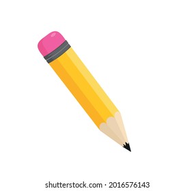 Flat style sharpened yellow pencil icon with a pink rubber band isolated on white background. Cartoon wooden pencil with rubber eraser vector illustration. Education, creativity, school design symbol