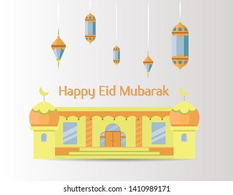 Flat style Sheikh Zayed Grand Mosque .Traditional arabesque ornament  crescent and stars. Vector Illustration. Eid Mubarak greetings. Ramadan Kareem.