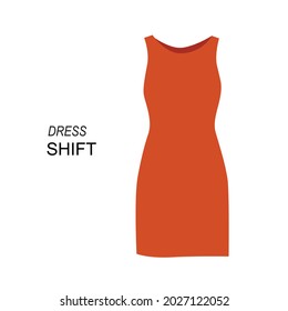 Flat Style Shift Dress Vector Illustartion. Cartoon Style Sleeveless Straight Dress Vector Icon Isolated On White Background. Simple Orange Dress For Business. Modern Round Neck Dress Symbol Pictogram