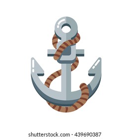 Flat style ship anchor logo isolated with brown rope
