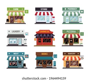 Flat Style Shop Little Tiny Icon Set. Chinese, Fram, Bakery, Pizza, Pharmacy, Fram, Books, Butcher's