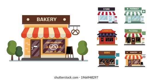 Flat style shop little tiny icon set. Chinese, bakery, pizza, pharmacy, books, store .