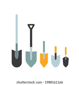 Flat style shovel set. Vector gardening tools set. Elements isolated on white background. Vector clip art for stickers, decoration, greeting cards.