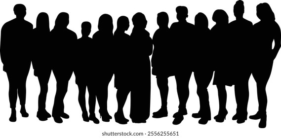 A flat style silhouette of a group of women standing together. The image represents unity, diversity, and female empowerment.