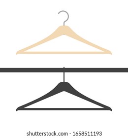 Flat style and silhouette wooden clothes hanger set isolated on white. One hanging on the wall, the other on the wardrobe bar. Vector illustration.