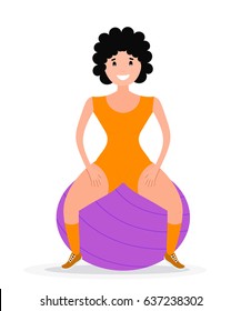 Flat style Sitting girl athlete with fitness ball. Color image of training young girl with fitball on white background. Vector illustration