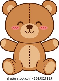  Flat Style Sitting Teddy Bear with Stitched Outline and Blushing Cheeks