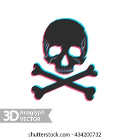 Flat style skull and bones with stereoscopic anaglyph effect. Vector icon