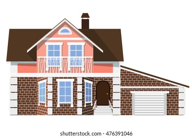 Flat style. style. Small beautiful two-storey house with garage on a white background. Icon Building. Element for the site estate agency. Symbol of wealth and success. 