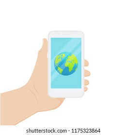 flat style smart phone design. a hand holding a smart phone with a display of the globe in it. vector illustration
