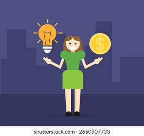 Flat Style Smiling Business Woman Showing Light Bulb and Coin. People at white collar work and activity vector art