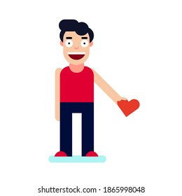 Flat style. Smiling character boy with red heart in hand on white background. vector illustration. valentine's day 2021 concept.