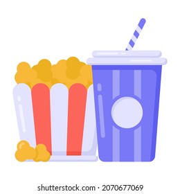 Flat style of snacks icon, popcorn with drink 