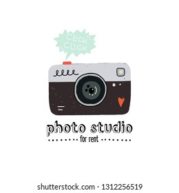 Flat style snapshot camera with lettering inscription Photo studio for rent. Vector illustration of photographer outfit. Designed for decoration of a store, site, sing, business card, album etc.