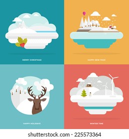 Flat Style Snowing Town Vector. Set for Winter and Xmas Holidays Design. Christmas Tree and Snowman. Winter Icons. Winter Forest, Landscape and Deer Head.  Snow-capped Mountains and Hills.