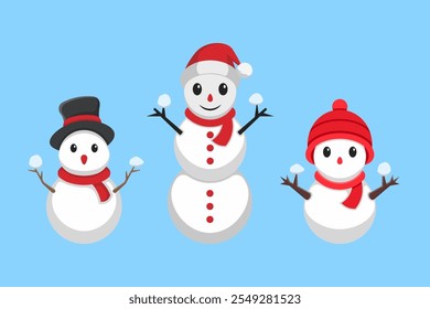 flat style snowman collection with snowflakes in their hands