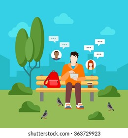 Flat style social media communication usage chat messaging concept web infographics vector illustration. Young man park outdoor bench chatting using tablet.