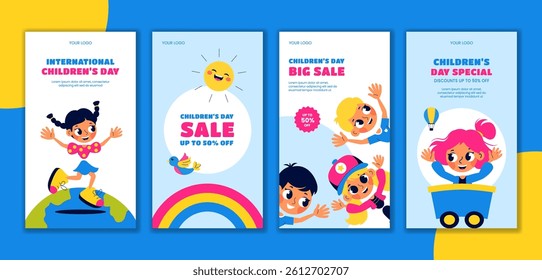 Flat Style Social Media Stories for International Children's Day with Hand Drawn Cartoon Background