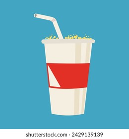Flat style soda glass with straw in turquoise background. Element for movie theater.  White glass with red label. Vector illustration