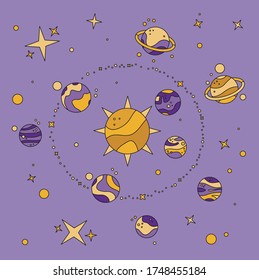 Flat style solar system illustration. Asteroid belt, Sun, Moon, Earth, Venus, Mars, Uranium, Saturn. Universe, stars and planets. Poster for planetarium and study of astronomy 