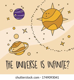 Ilustración del sistema solar de estilo plano. Cinturón asteroide, Sol, Marte, Saturno, Vía Láctea, cinturón asteroide. Universo, estrellas y planetas. Cartel para planetario y estudio de astronomía
