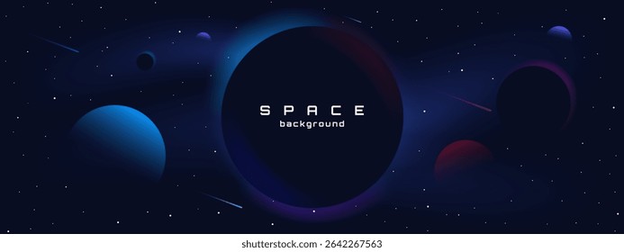 Flat style space horizontal wallpaper. Abstract concept. Vector illustration. Gradient planets with shadows. Space exploration. Design elements for web.