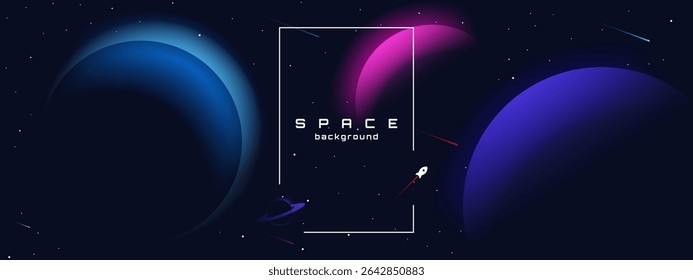 Flat style space horizontal wallpaper. Abstract concept. Vector illustration. Gradient planets with shadows. Space exploration. Design elements for web.