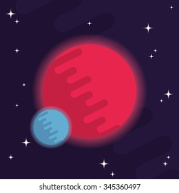 Flat style space icon, planet with satellite and stars