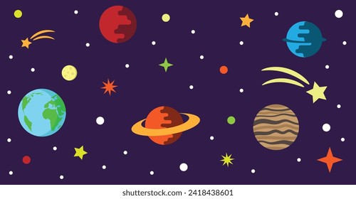 Flat Style Space with Planets and Stars. Science and cosmos exploration concept vector