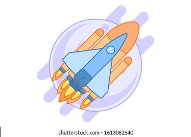 Flat style space shuttle flying in cosmos with a planet or satellite on background. Cartoon style illustration isolated on white background.