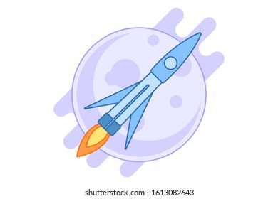 Flat style spaceship flying in the sky with a planet or satellite background. Cartoon style illustration isolated on white background.