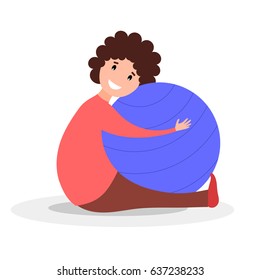 Flat style sport girl with fitness ball. Color image of training young girl with fitball on white background. Vector illustration