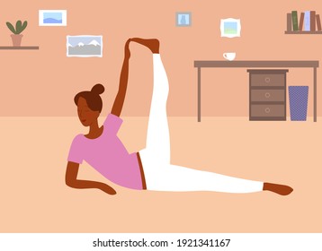 Flat style. Sport at home. Stretching woman. Yoga pose. Elegant girl holds her leg by the hand. 