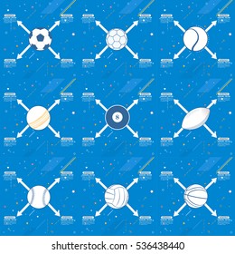 Flat Style Sports Ball Infographics Design, Web Banner With Soccer, Handball, Tennis, Cricket, Billiards, American Football, Baseball, Volleyball, Basketball Stats Elements Minimal Vector Background